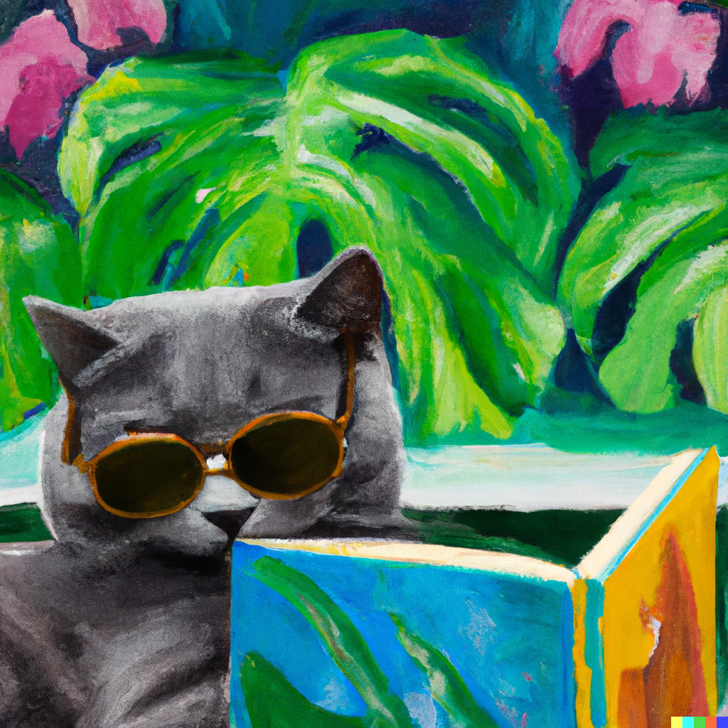 images/DALL·E 2023-02-12 13.43.44 - An oil painting by Claude Monet of a cat with sunglasses reading a book with a monstera in the background.png